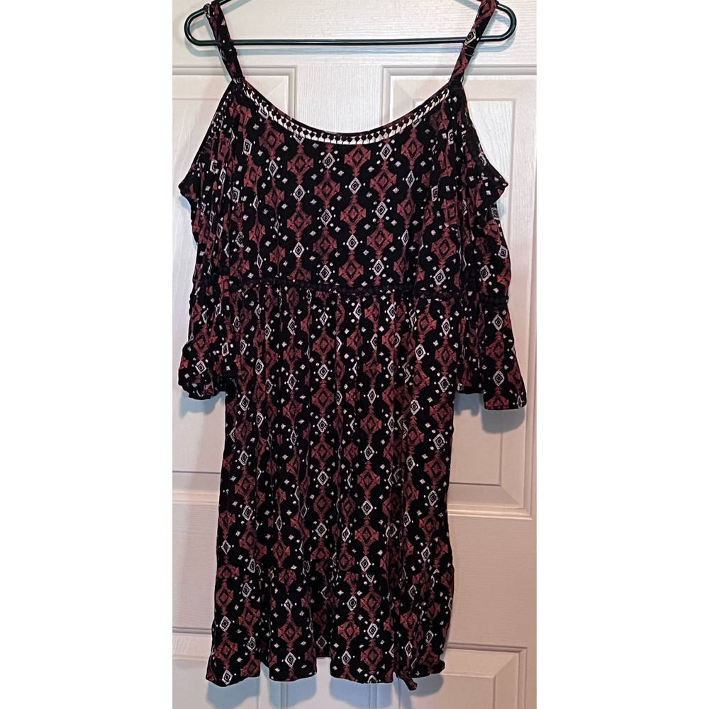 Torrid Women's Mini Challis Off the Shoulder Black Brown Dress Size 0 26"‎ Long